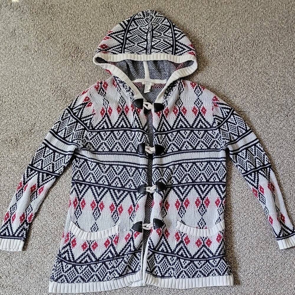 XXI Hooded Toggle Geometric Knit Cardigan Sweater Women's M White Navy Red